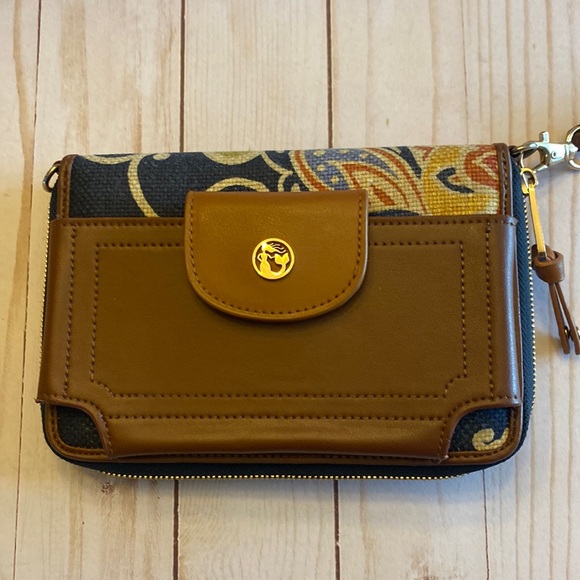SPARTINA 449 Elfrida Navy Orange Paisley Linen Leather Wristlet - Picture 1 of 9